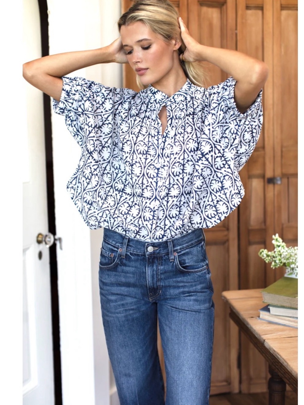 Emerson Fry Mandarin Collar Top Etoile Vine Indigo Organic Cotton OS Coastal